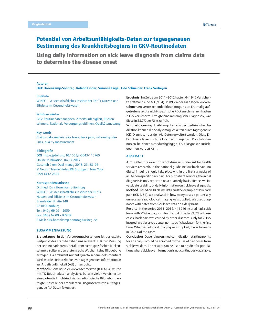 Vorschauseite 1: Potential von Arbeitsunfähigkeits-Daten zur tagesgenauen Bestimmung des Krankheitsbeginns in GKV-Routinedaten