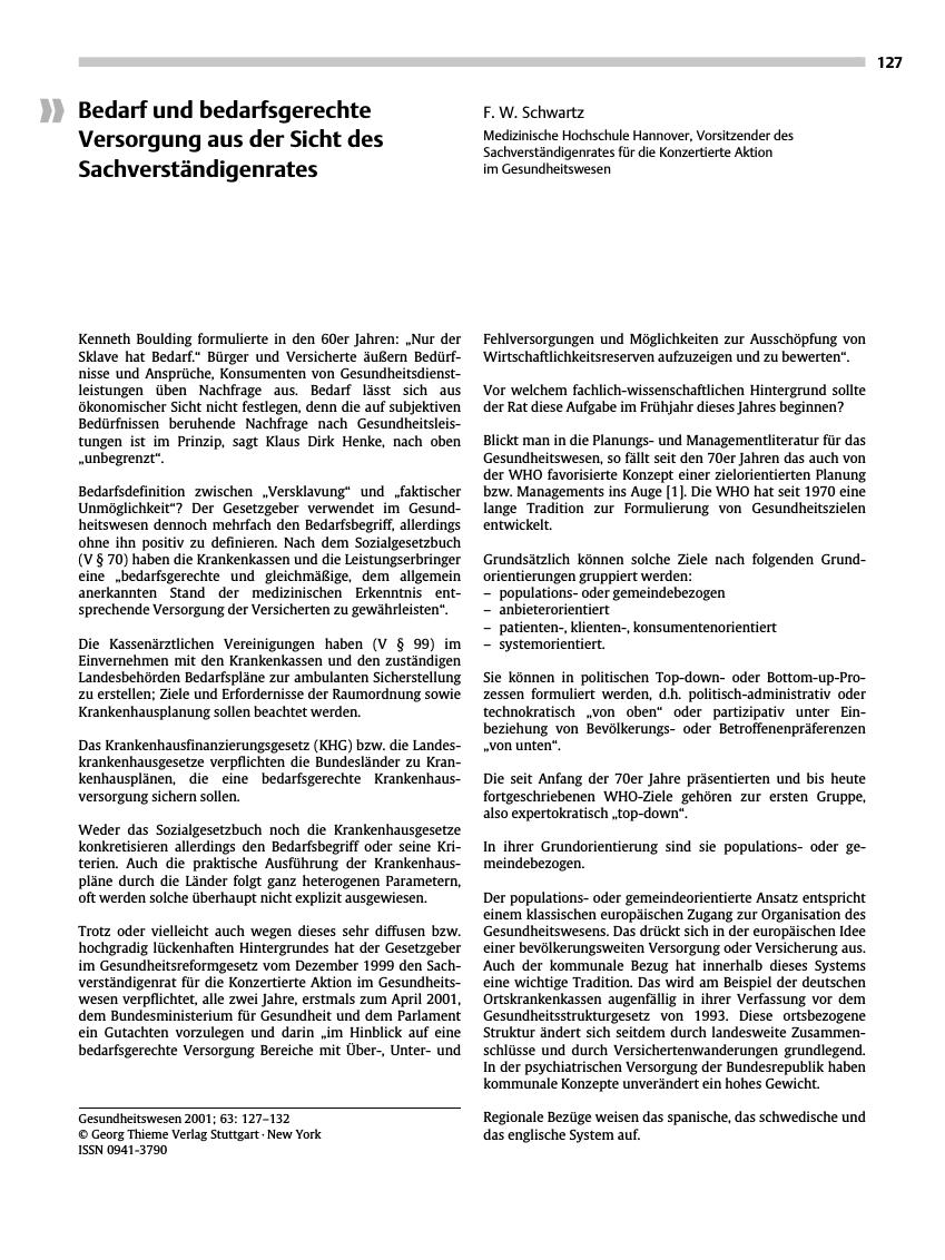 Vorschauseite 1: Bedarf und bedarfsgerechte Versorgung aus der Sicht des Sachverständigenrates