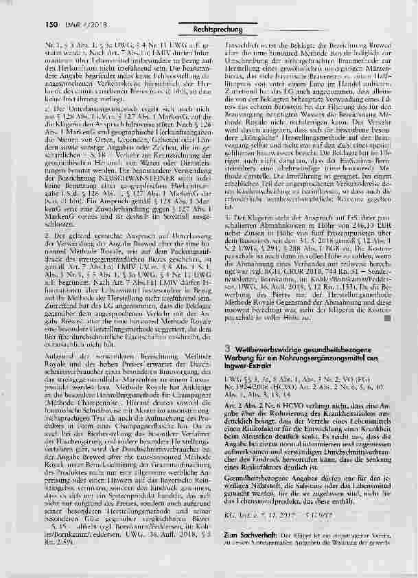 Vorschauseite 1: Wettbewerbswidrige gesundheitsbezogene Werbung für ein Nahrungsergänzungsmittel aus Ingwer-Extrakt