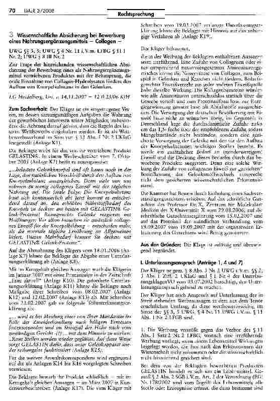 Vorschauseite 1: Wissenschaftliche Absicherung bei Bewerbung eines Nahrungsergänzungsmittels - Collagen -