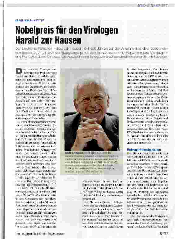 Vorschauseite 1: Nobelpreis für den Virologen Harald zur Hausen