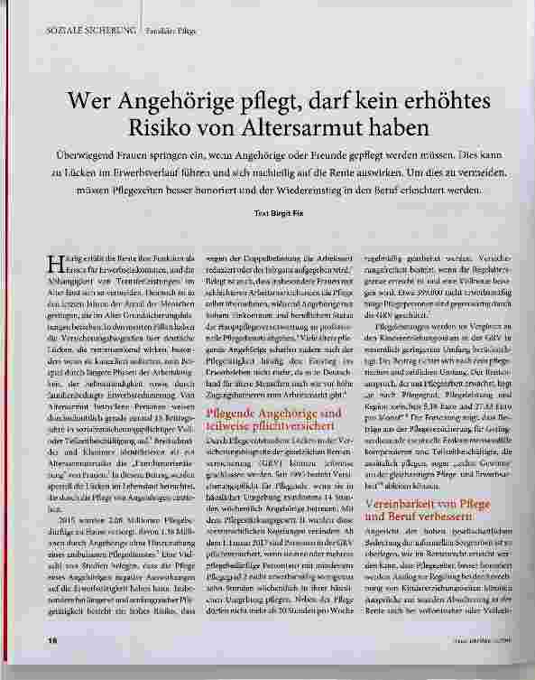 Vorschauseite 1: Wer Angehörige pflegt, darf kein erhöhtes Risiko von Altersarmut haben