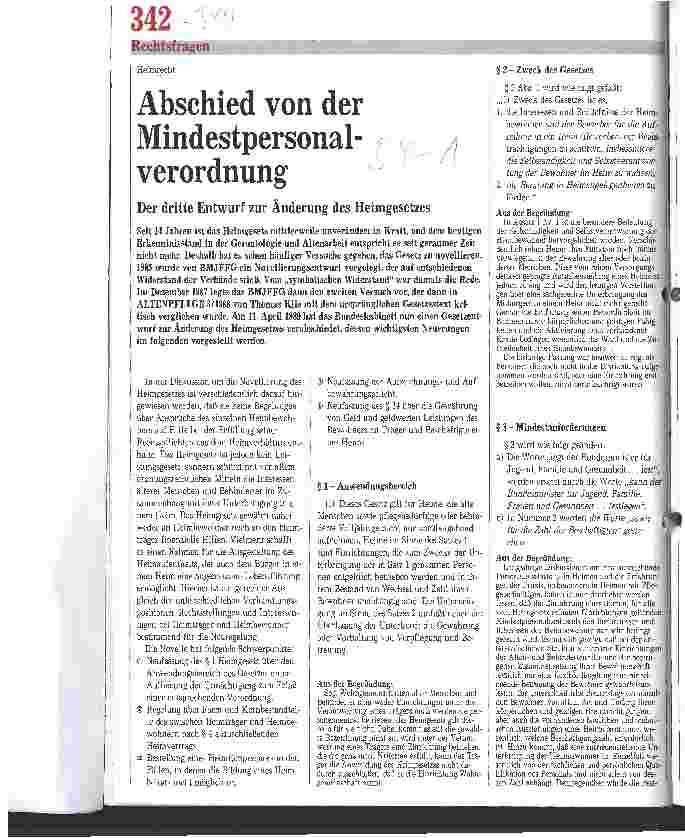Vorschauseite 1: Heimrecht: Abschied von der Mindestpersonalverordnung Der dritte Entwurf zur Änderung des Heimgesetzes