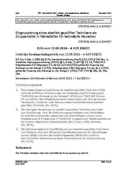 Vorschauseite 1: Eingruppierung eines staatlich geprüften Technikers als Gruppenleiter in Werkstätten für behinderte Menschen