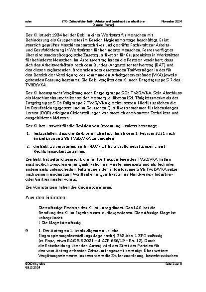 Vorschauseite 2: Eingruppierung eines staatlich geprüften Technikers als Gruppenleiter in Werkstätten für behinderte Menschen