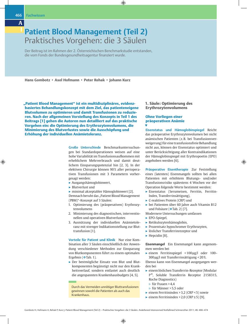 Vorschauseite 1: Patient Blood Management (Teil 2) – Praktisches Vorgehen: die 3 Säulen