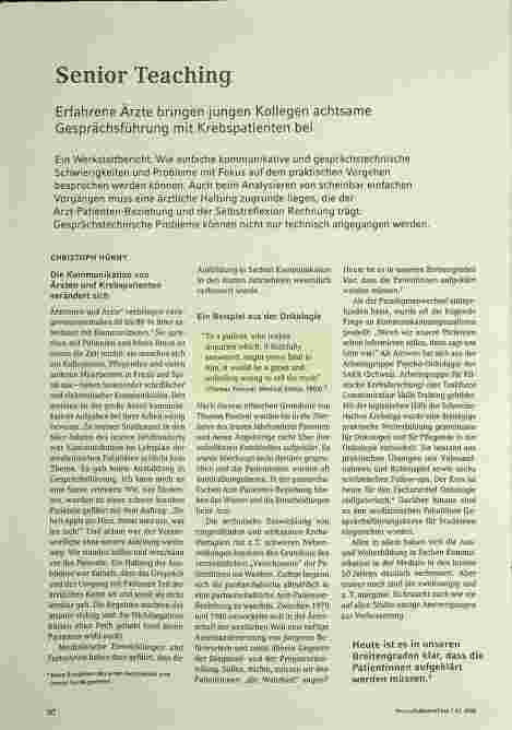 Vorschauseite 1: Senior Teaching: Erfahrene Ärzte bringen jungen Kollegen achtsame Gesprächsführung mit Krebspatienten bei.