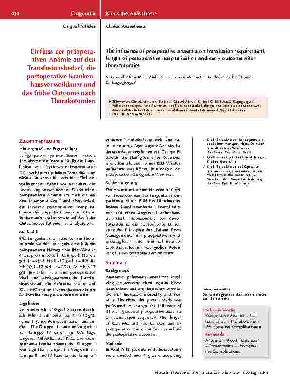 Vorschauseite 1: Einfluss der präoperativen Anämie auf den Transfusionsbedarf, die postoperative Krankenhausverweildauer und das frühe Outcome nach Thorakotomien
