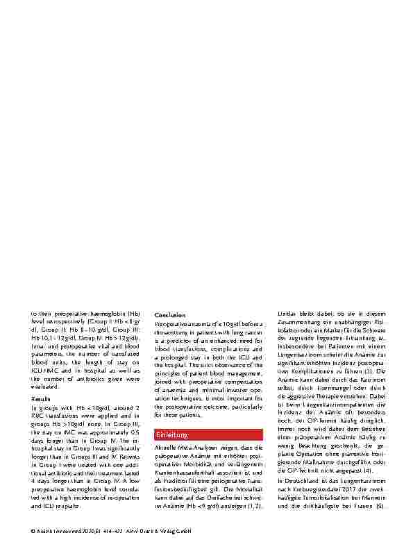 Vorschauseite 2: Einfluss der präoperativen Anämie auf den Transfusionsbedarf, die postoperative Krankenhausverweildauer und das frühe Outcome nach Thorakotomien
