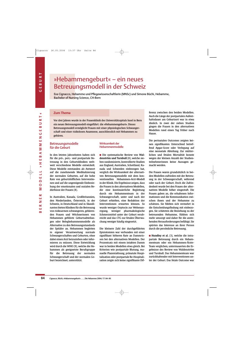 Vorschauseite 1: »Hebammengeburt« - ein neues Betreuungsmodell in der Schweiz