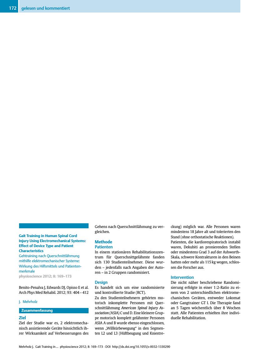 Vorschauseite 1: Gait Training in Human Spinal Cord Injury Using Electromechanical Systems: Effect of Device Type and Patient Characteristics
