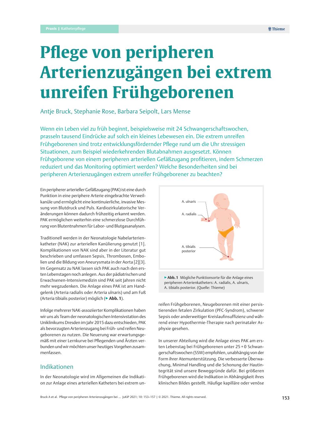 Vorschauseite 1: Pflege von peripheren Arterienzugängen bei extrem unreifen Frühgeborenen