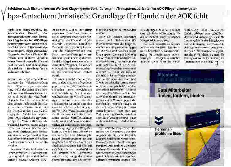 Vorschauseite 1: bpa-Gutachten: Juristische Grundlage für Handeln der AOK fehlt