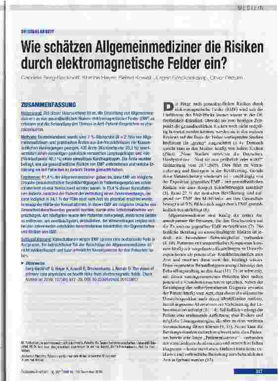 Vorschauseite 1: Wie schätzen Allgemeinmediziner die Risiken durch elektromagnetische Felder ein?