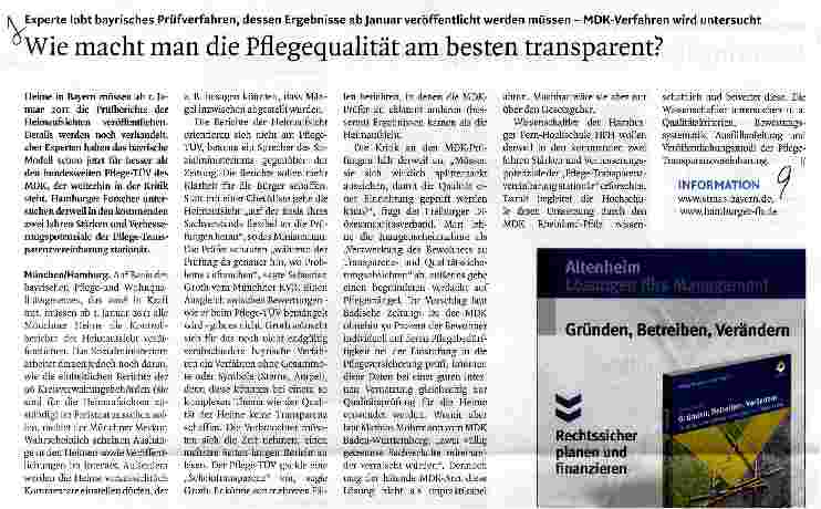Vorschauseite 1: Experte lobt bayrisches Prüfverfahren, dessen Ergebnisse ab Januar veröffentlicht werden müssen-MDK-Verfahren wird untersuchtWie macht man die Pflegequalität am besten transparent?