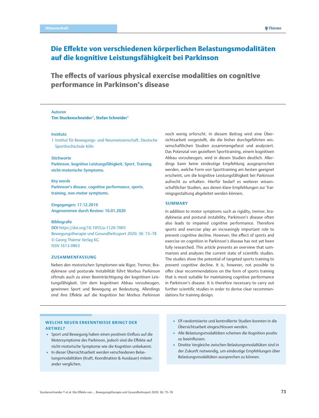 Vorschauseite 1: Die Effekte von verschiedenen körperlichen Belastungsmodalitäten auf die kognitive Leistungsfähigkeit bei Parkinson.