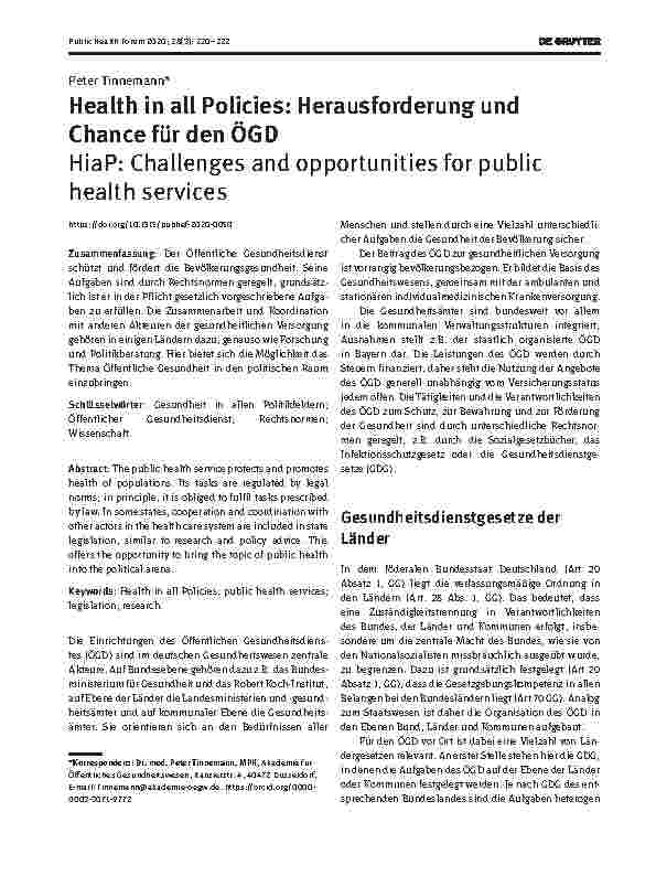 Vorschauseite 1: Health in all Policies: Herausforderung und Chance für den ÖGD