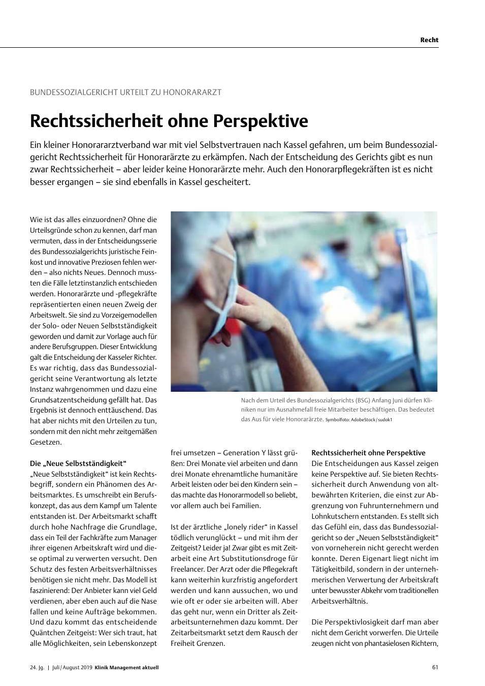 Vorschauseite 1: Bundessozialgericht urteilt zu Honorararzt: Rechtssicherheit ohne Perspektive