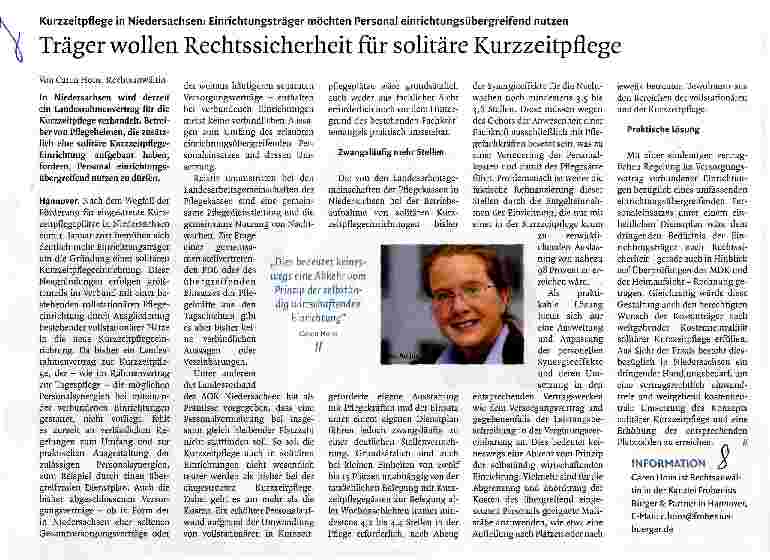 Vorschauseite 1: Träger wollen Rechtssicherheit für solitäre Kurzzeitpflege