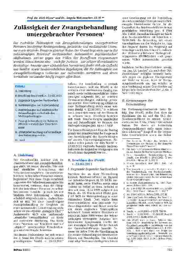 Vorschauseite 1: Zulässigkeit der Zwangsbehandlung untergebrachter Personen1