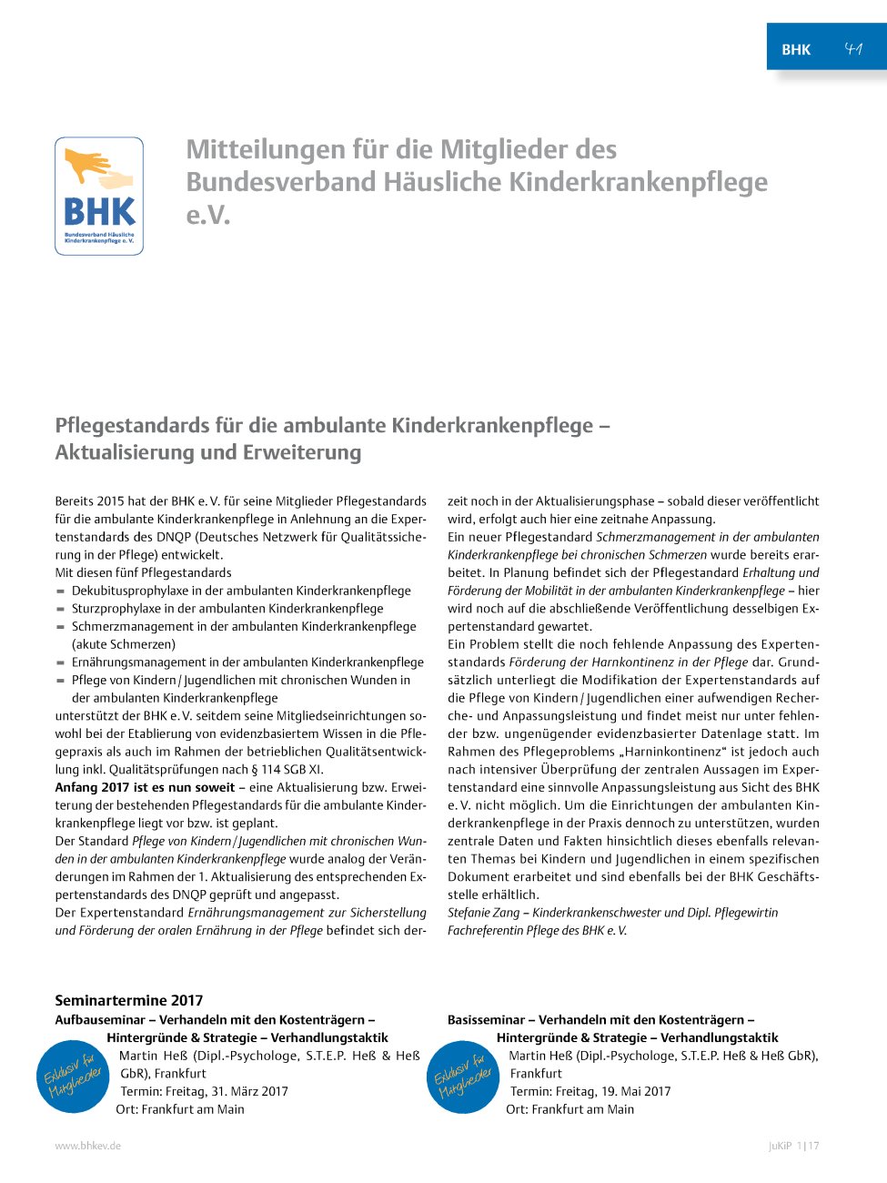 Vorschauseite 1: Mitteilungen für die Mitglieder des Bundesverband Häusliche Kinderkrankenpflege e.V.