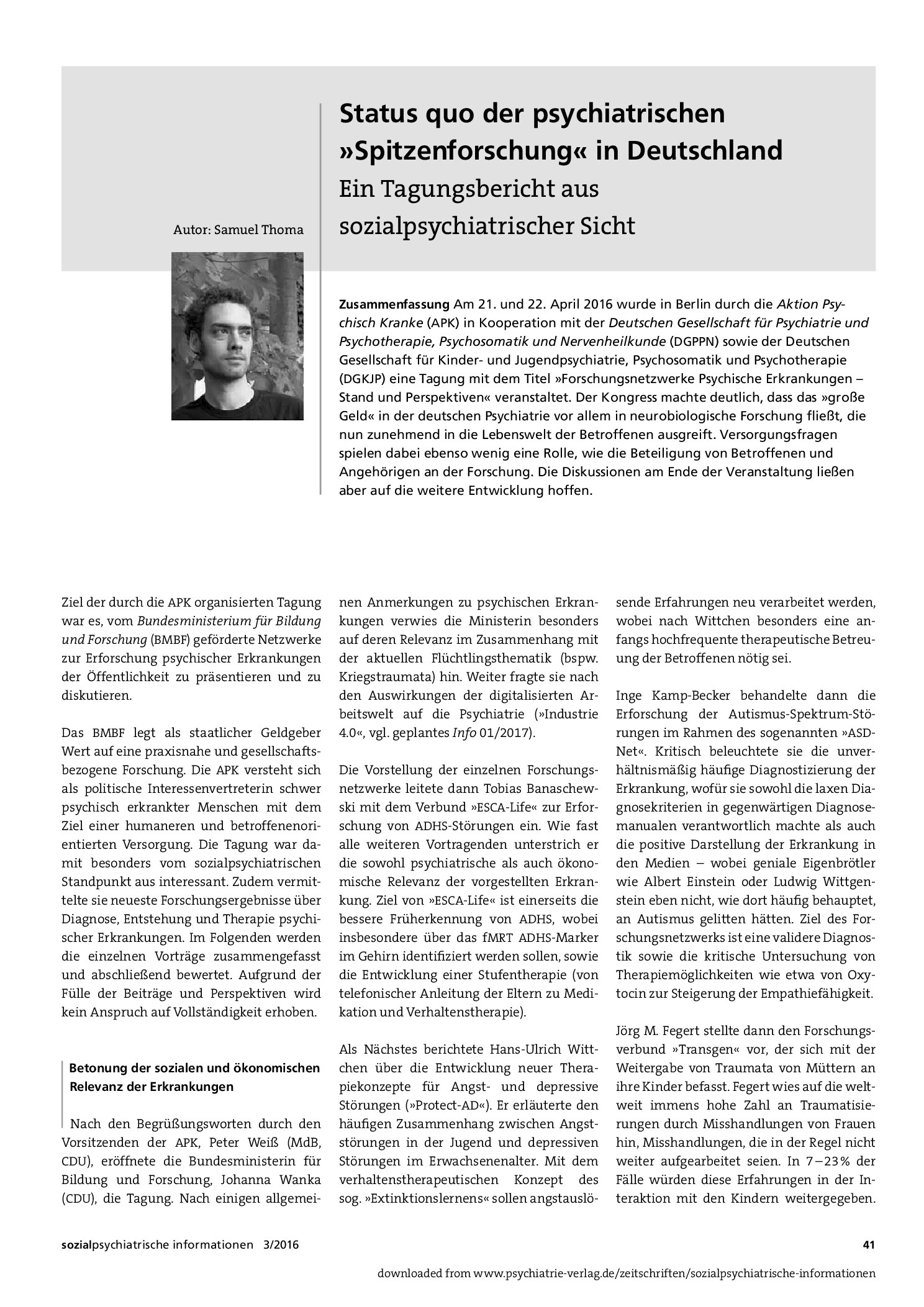 Vorschauseite 1: Status quo der psychiatrischen »Spitzenforschung« in Deutschland