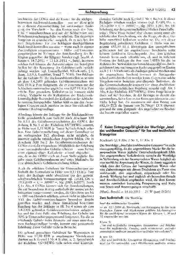 Vorschauseite 1: Keine Eintragungsfähigkeit der Wortfolge „Insel des wohltuenden Genusses für Tee und teeähnliche Erzeugnisse MarkenG J$ 8 Abs. 2 Nr. 1, 37 Abs. 1