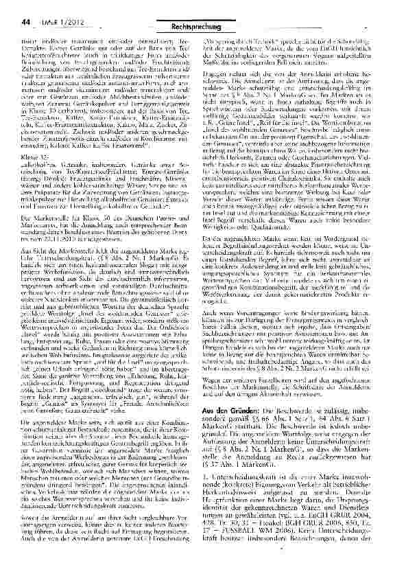 Vorschauseite 2: Keine Eintragungsfähigkeit der Wortfolge „Insel des wohltuenden Genusses für Tee und teeähnliche Erzeugnisse MarkenG J$ 8 Abs. 2 Nr. 1, 37 Abs. 1