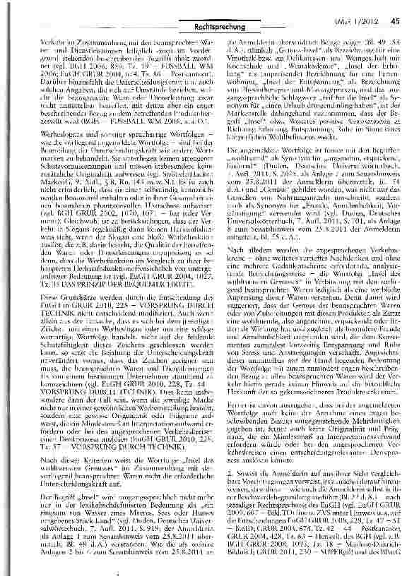 Vorschauseite 3: Keine Eintragungsfähigkeit der Wortfolge „Insel des wohltuenden Genusses für Tee und teeähnliche Erzeugnisse MarkenG J$ 8 Abs. 2 Nr. 1, 37 Abs. 1