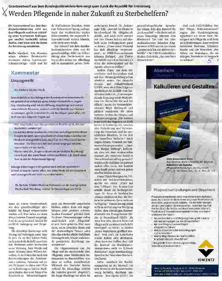 Vorschauseite 1: Gesetzentwurf aus dem Bundesjustizministerium sorgt quer durch die Republik für EntrüstungWerden Pflegende in naher Zukunft zu Sterbehelfern?