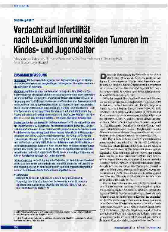 Vorschauseite 1: Verdacht auf Infertilität nach Leukämien und soliden Tumoren im Kindesund Jugendalter