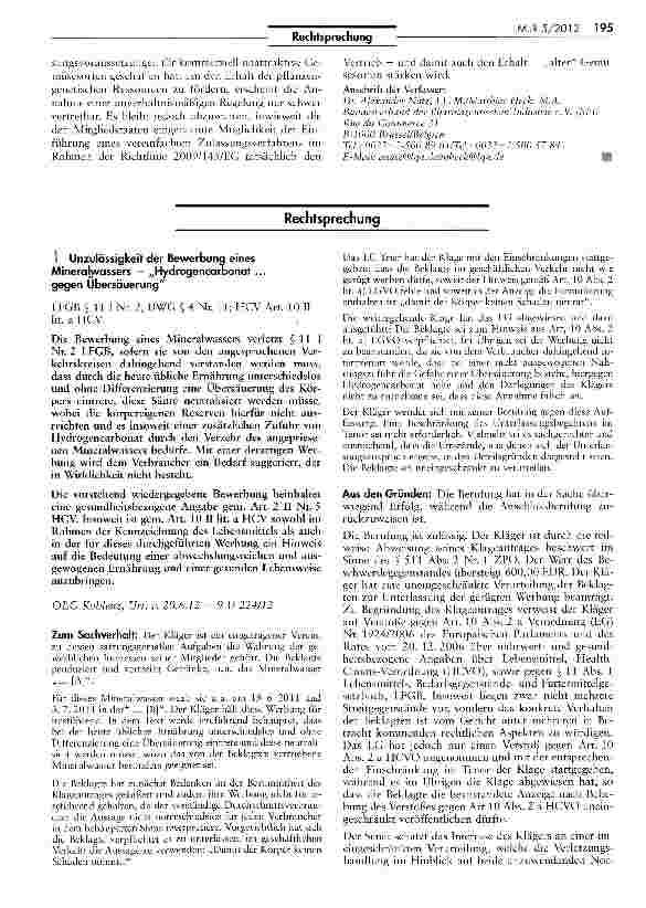 Vorschauseite 1: Unzulässigkeit der Bewerbung eines Mineralwassers - „Hydrogencarbonat... gegen Übersäuerung LEGB § 11 I Nr. 2; IJWG § 4 Nr. 11; HGV Art. 10 II lit. a HGV
