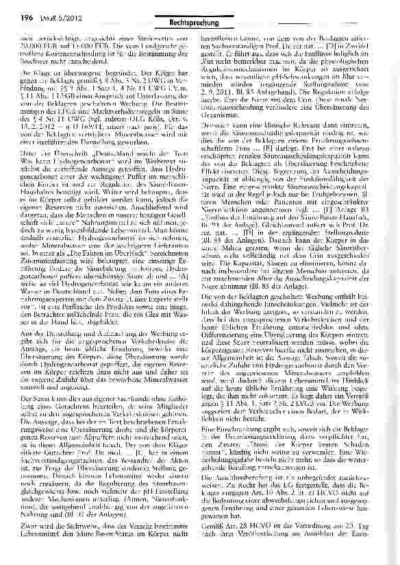 Vorschauseite 2: Unzulässigkeit der Bewerbung eines Mineralwassers - „Hydrogencarbonat... gegen Übersäuerung LEGB § 11 I Nr. 2; IJWG § 4 Nr. 11; HGV Art. 10 II lit. a HGV
