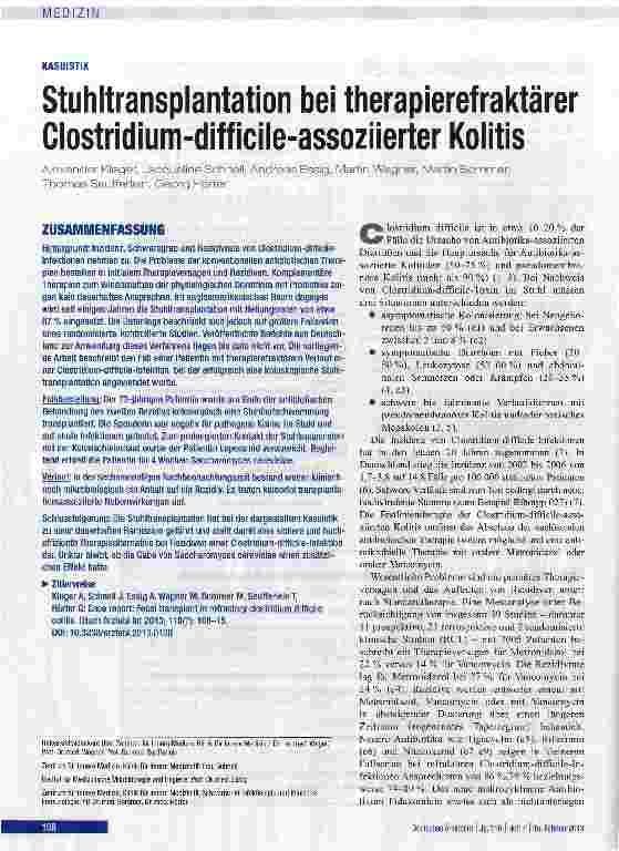 Vorschauseite 1: Stuhltransplantation bei therapiefrakturärer Clostridium-difficile-assoziierter Kolitis