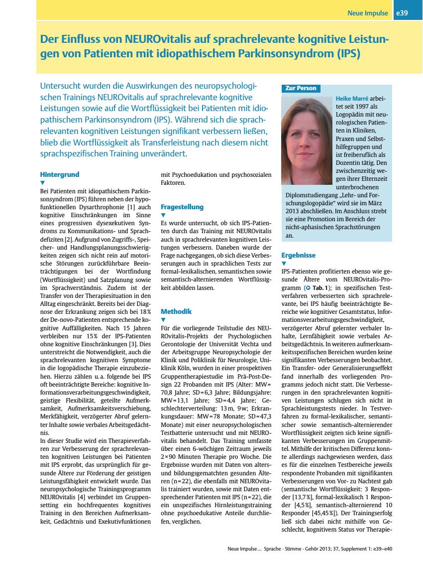 Vorschauseite 1: Der Einfluss von NEUROvitalis auf sprachrelevante kognitive Leistungen von Patienten mit idiopathischem Parkinsonsyndrom (IPS)