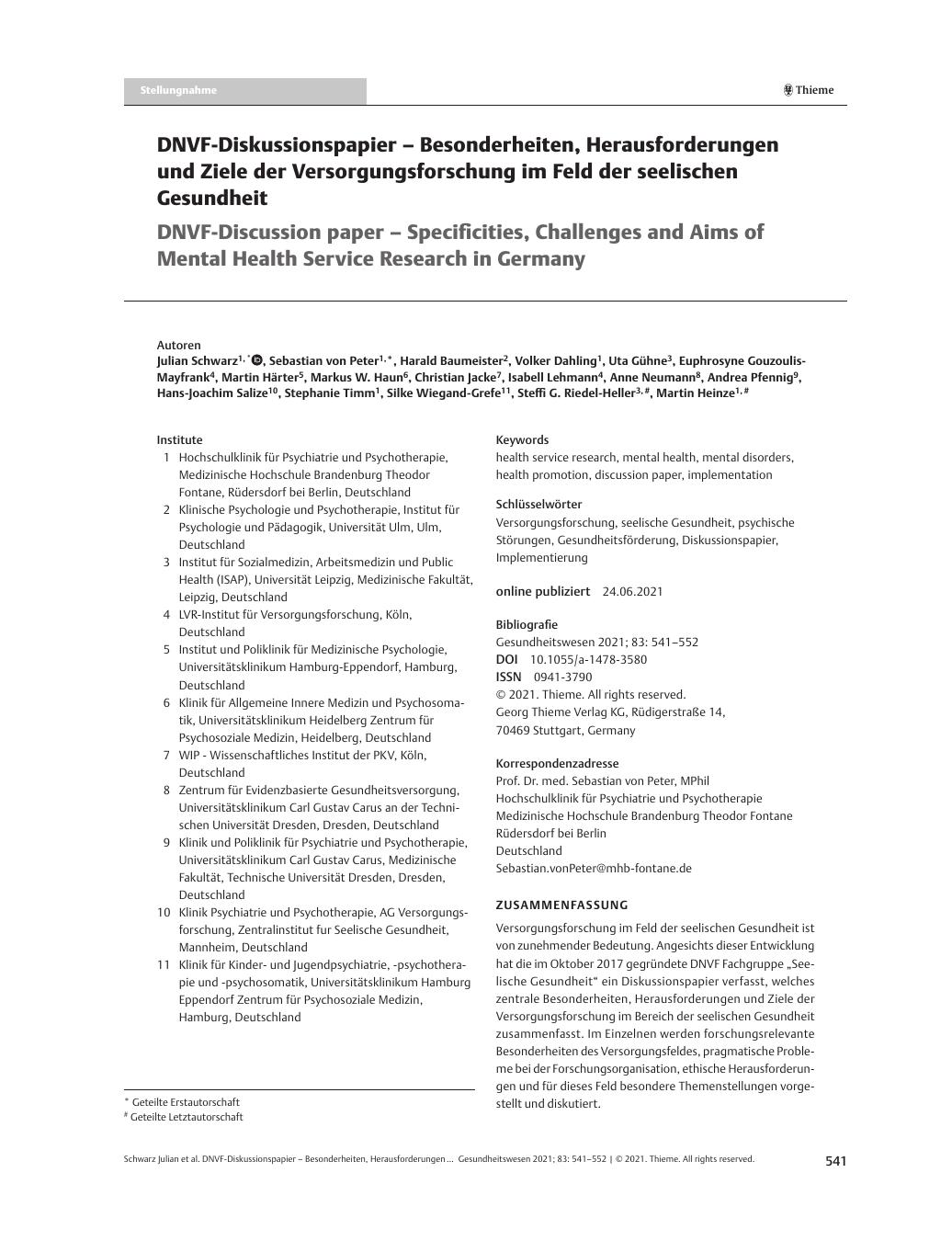 Vorschauseite 1: DNVF-Diskussionspapier – Besonderheiten, Herausforderungen und Ziele der Versorgungsforschung im Feld der seelischen Gesundheit