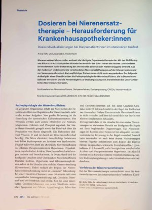 Vorschauseite 1: Dosieren bei Nierenersatztherapie - Herausforderung für Krankenhausapothekerzinnen Dosisindividualisierungen bei Dialysepatientinnen im stationären Umfeld