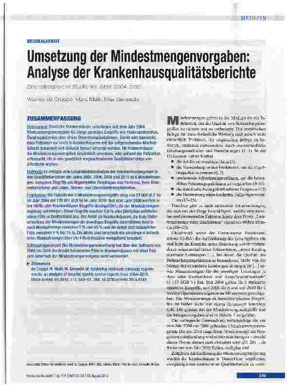 Vorschauseite 1: Umsetzung der Mindestmengenvorgaben: Analyse der Krankenhausqualitätsberichte