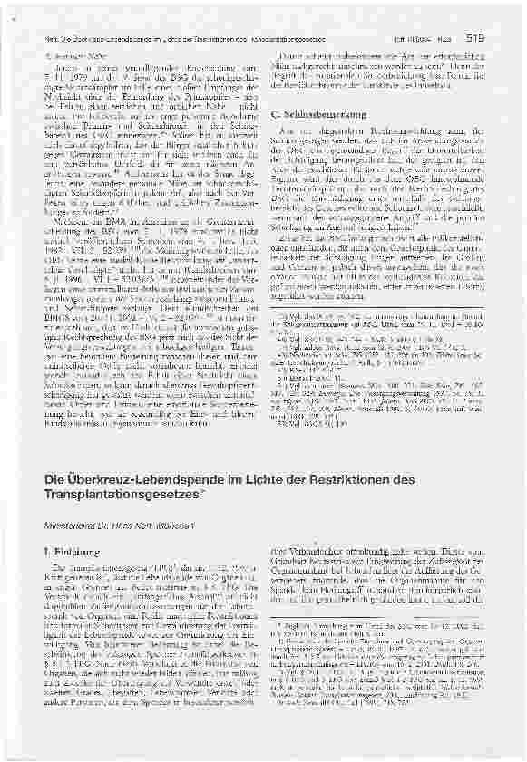 Vorschauseite 1: Die Überkreuz-Lebendspende im Lichte der Restriktionen des Transplantationsgesetzes