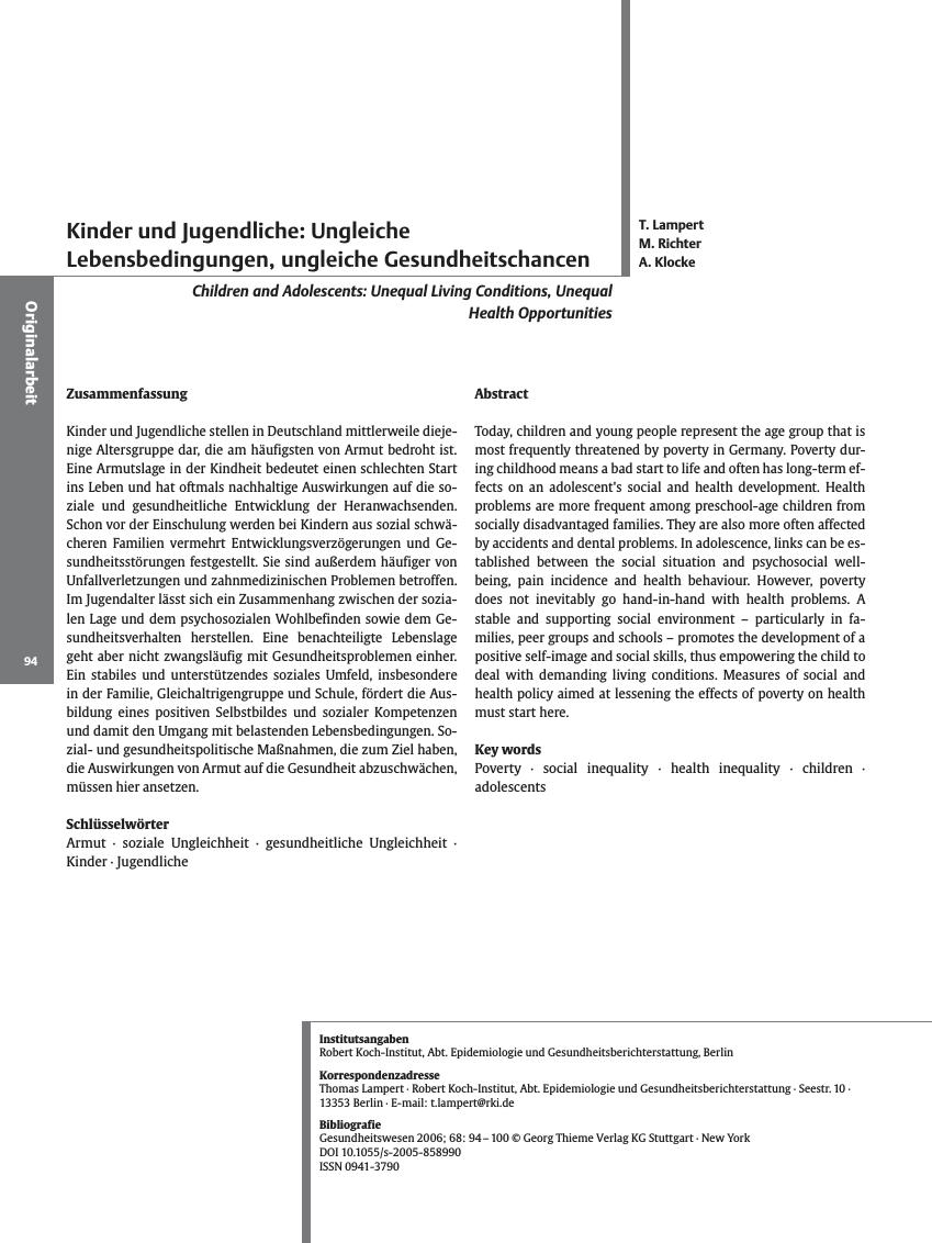 Vorschauseite 1: Kinder und Jugendliche: Ungleiche Lebensbedingungen, ungleiche Gesundheitschancen