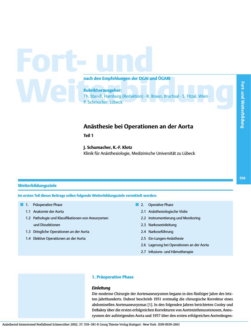 Vorschauseite 1: Anästhesie bei Operationen an der Aorta