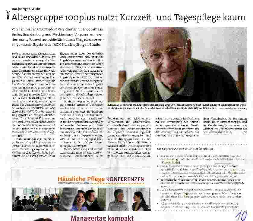 Vorschauseite 1: Altersgruppe l00plus nutzt Kurzzeitund Tagespflege kaum