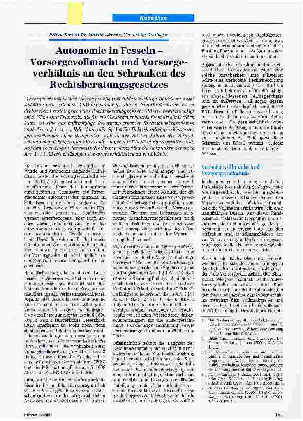Vorschauseite 1: Autonomie in Fesseln -Vorsorgevollmacht und Vorsorgeverhältnis an den Schranken des Rechtsberatungsgesetzes