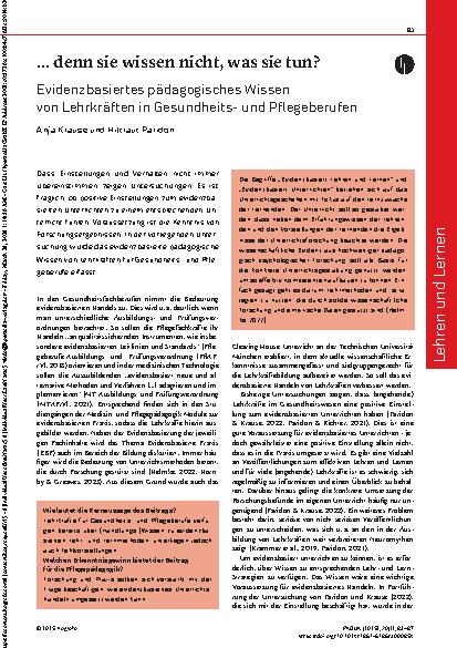 Vorschauseite 1: … denn sie wissen nicht, was sie tun? Evidenzbasiertes pädagogisches Wissen von Lehrkräften in Gesundheitsund Pflegeberufen