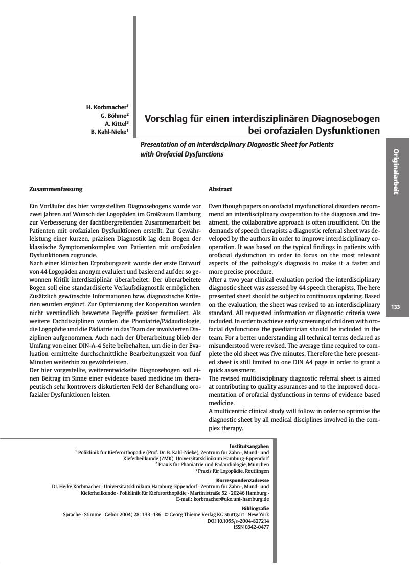 Vorschauseite 1: Vorschlag für einen interdisziplinären Diagnosebogen bei orofazialen Dysfunktionen