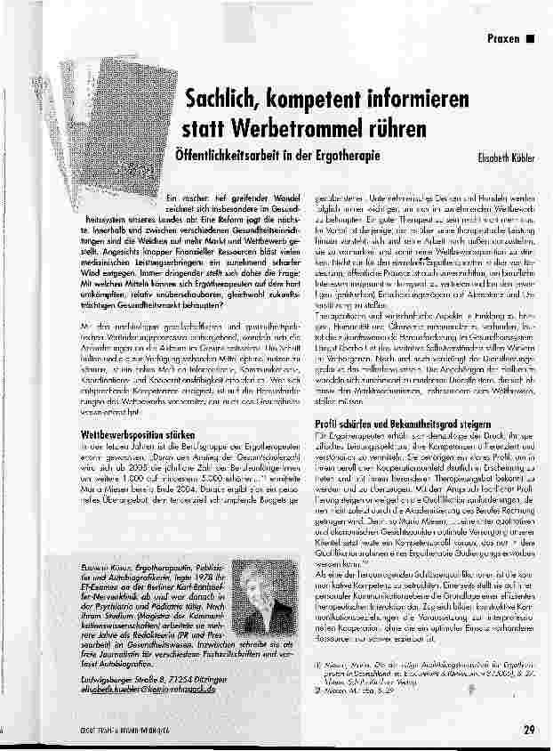 Vorschauseite 1: Sachlich, kompetent informieren statt Werbetrommel rühren Öffentlichkeitsarbeit in der Ergotherapie