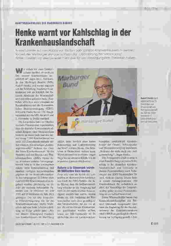 Vorschauseite 1: Henke warnt vor Kahlschlag in der Krankenhauslandschaft