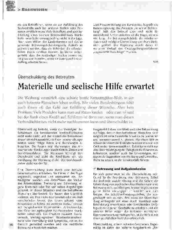 Vorschauseite 1: Überschuldung des BetreutenMaterielle und seelische Hilfe erwartet