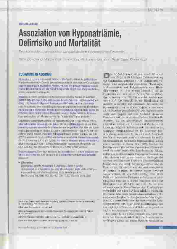 Vorschauseite 1: Assoziation von Hyponatriämie, Deiirrisiko und Mortaiität