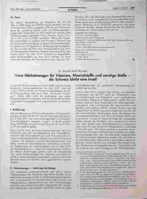 Vorschauseite 1: Neue Höchstmengen für Vitamine, Mineralstoffe und sonstige Stoffe — die Schweiz bleibt eine Insel!